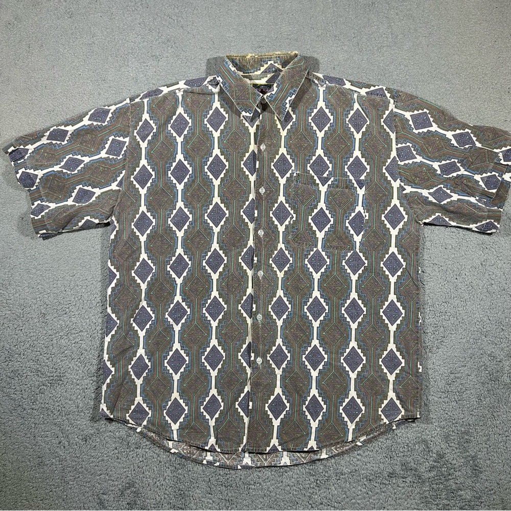Vintage 90’s Brown & white Weeds button-up shirt aztec style Large Men’s #574